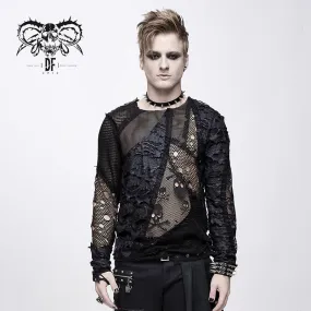 TT125 decadent unedged classic style spliced mesh round collar long sleeve torn men shirts