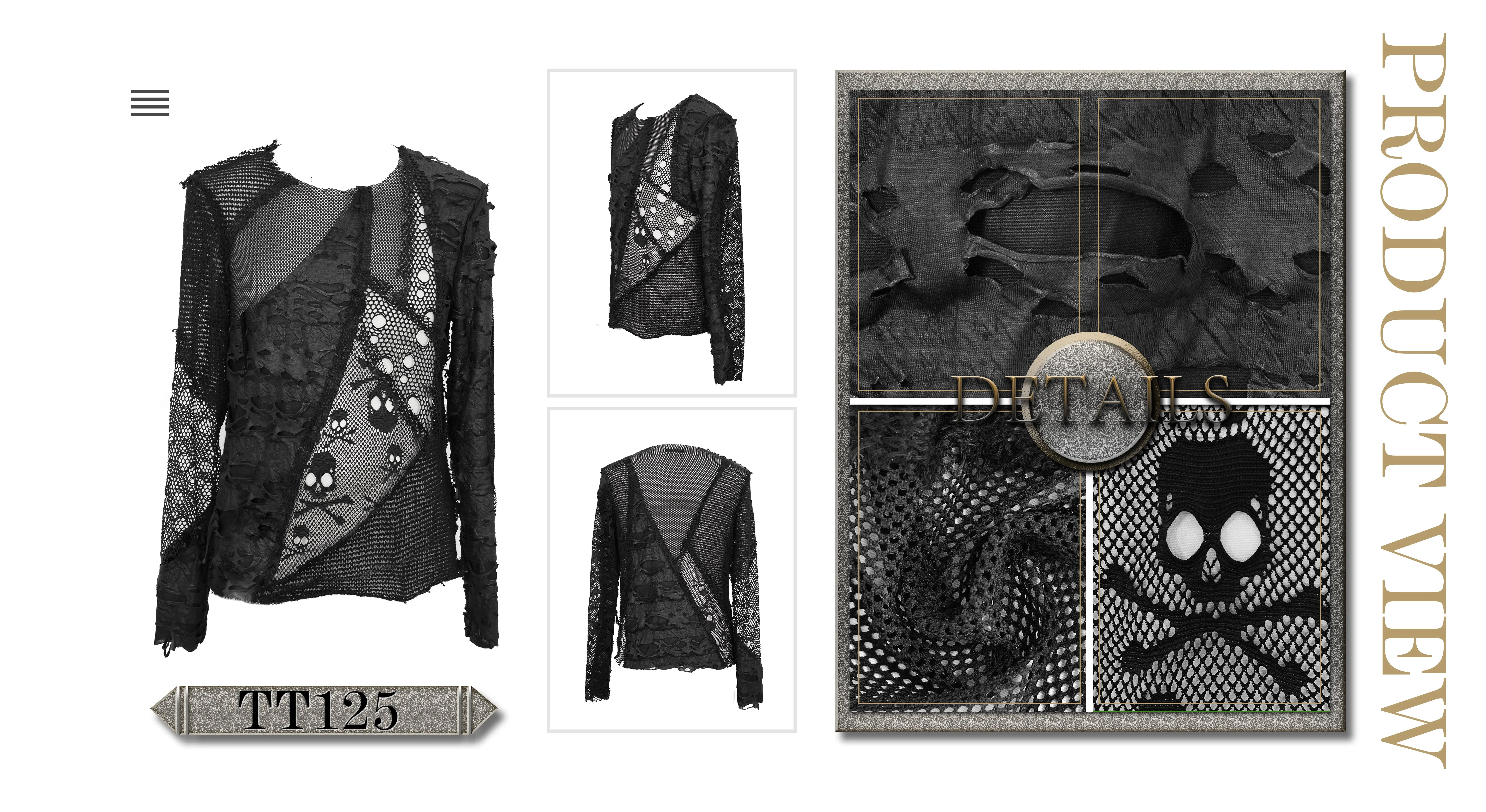 TT125 decadent unedged classic style spliced mesh round collar long sleeve torn men shirts