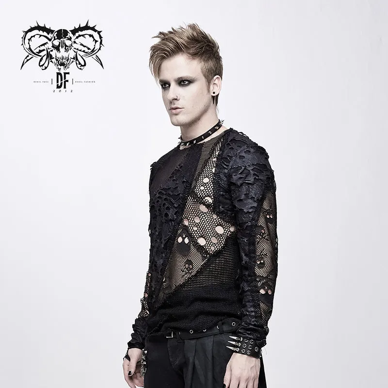 TT125 decadent unedged classic style spliced mesh round collar long sleeve torn men shirts