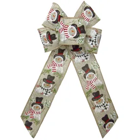 Wired Buffalo Candy Snowman Natural Linen Christmas Bow (2.5"ribbon~6"Wx10"L)