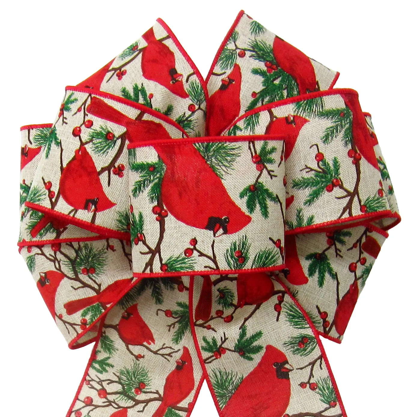 Wired Cardinals & Berries Natural Bow (2.5"ribbon~8"Wx16"L)