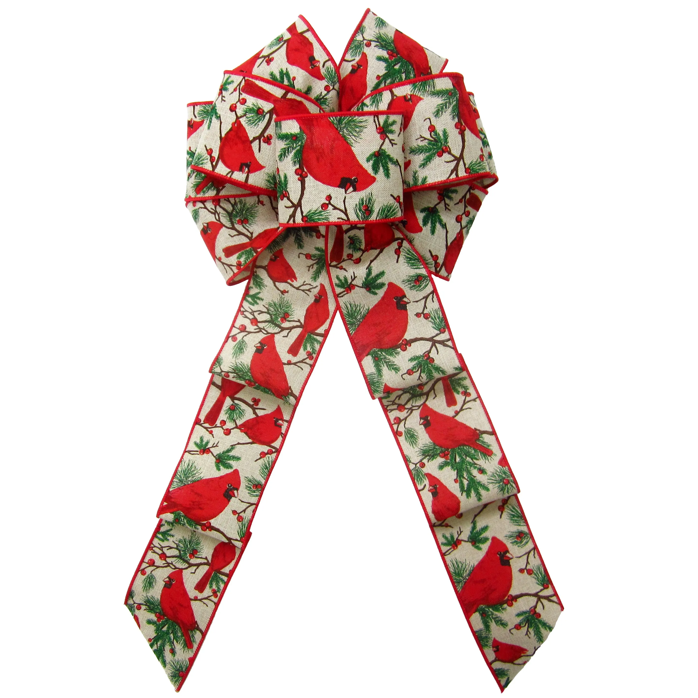 Wired Cardinals & Berries Natural Bow (2.5"ribbon~8"Wx16"L)