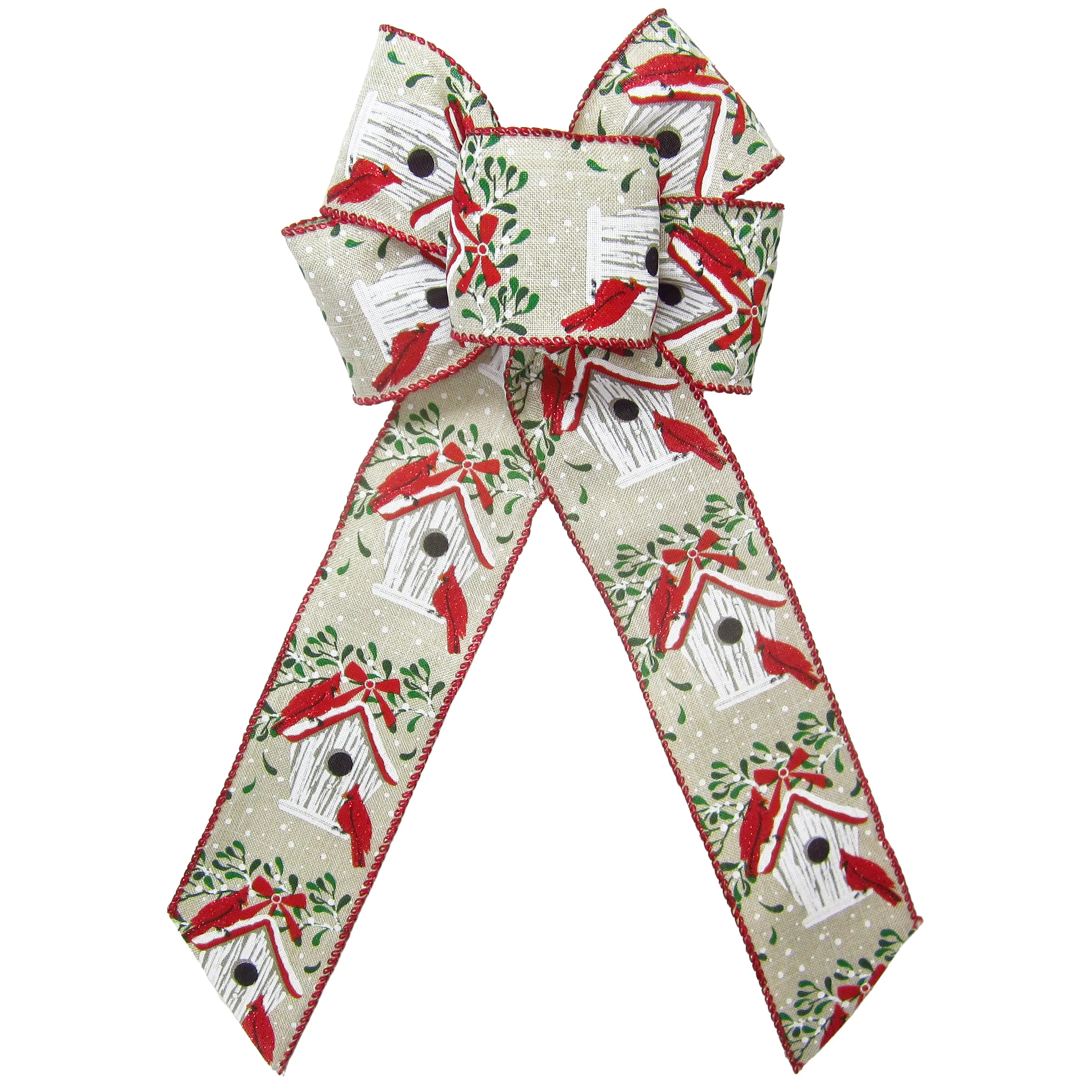 Wired Cardinals Birdhouse Natural Bow (2.5"ribbon~6"Wx10"L)