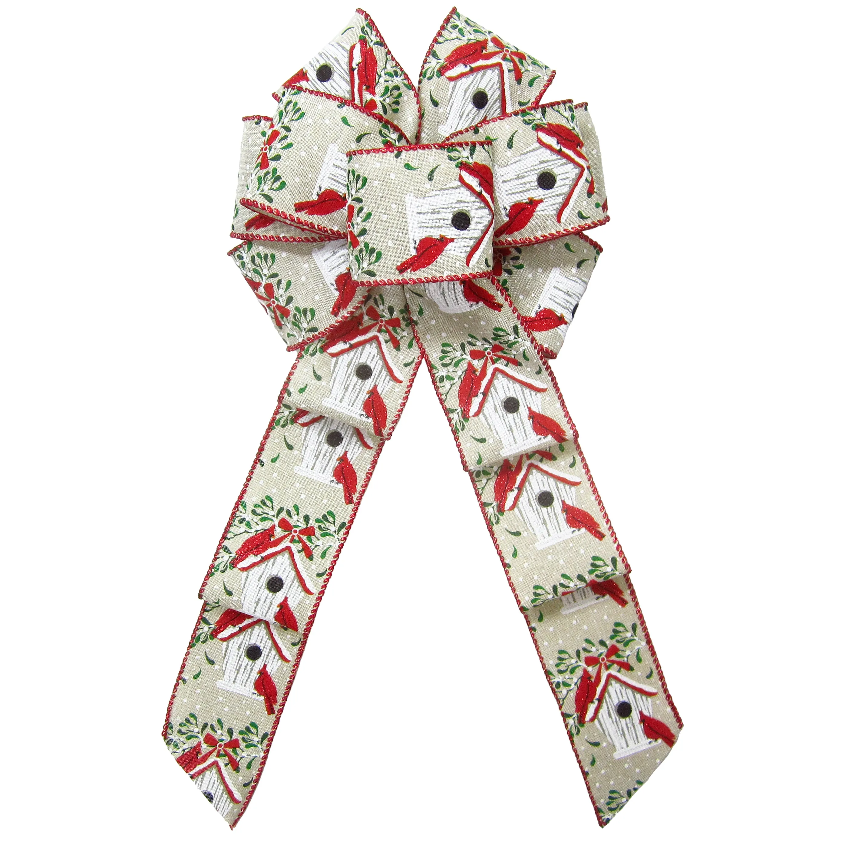 Wired Cardinals Birdhouse Natural Bow (2.5"ribbon~8"Wx16"L)