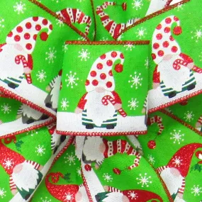 Wired Festive Gnomes on Green Linen Christmas Ribbon (#40-2.5"Wx10Yards)