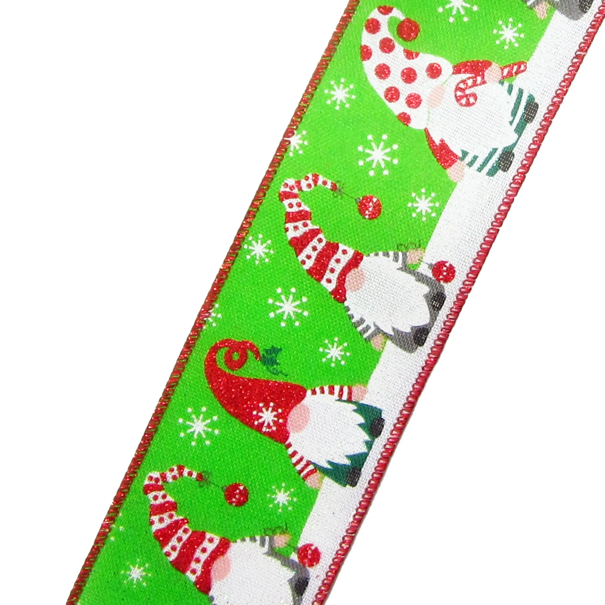 Wired Festive Gnomes on Green Linen Christmas Ribbon (#40-2.5"Wx10Yards)
