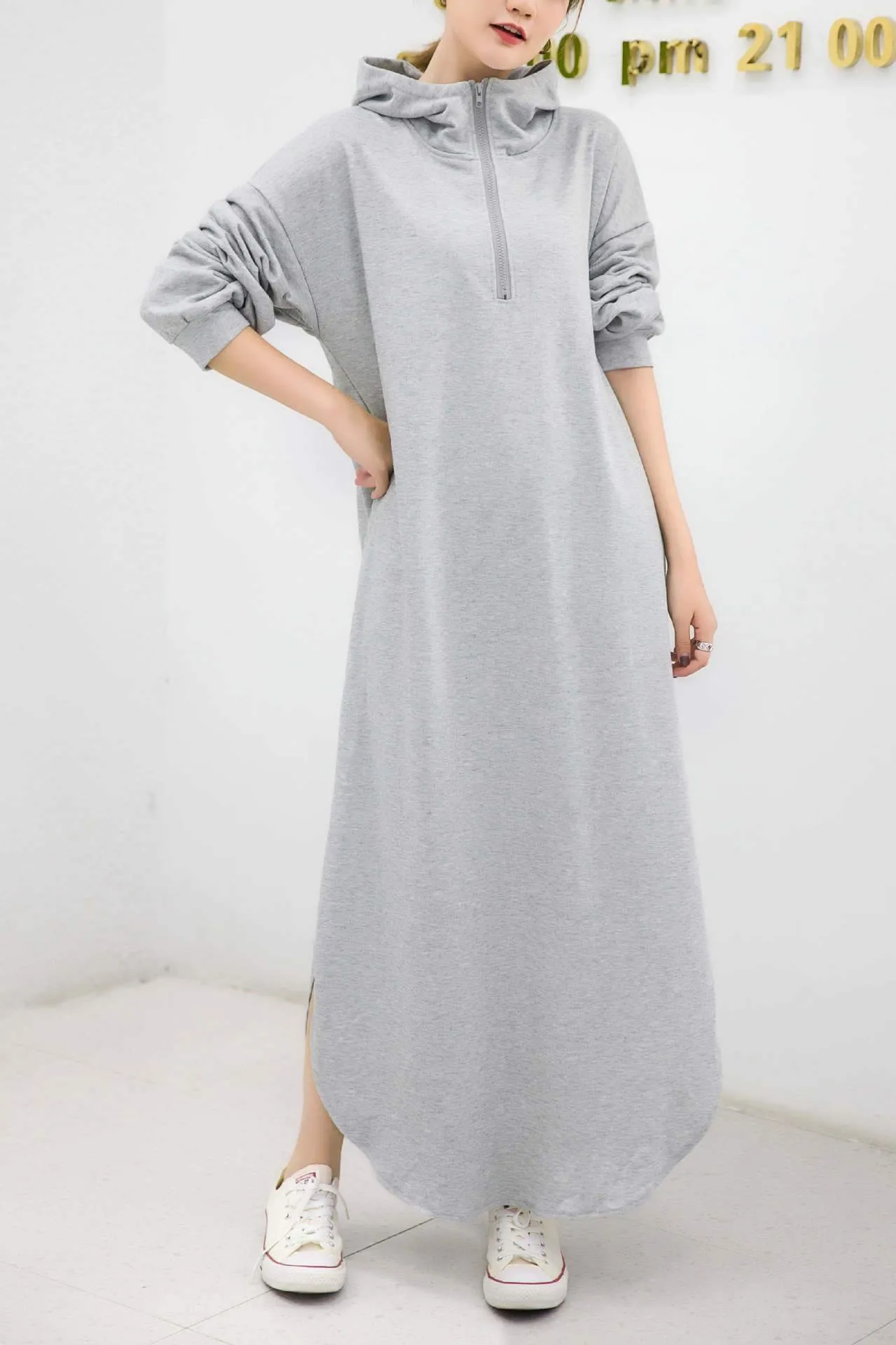 Women Casual Zipper Fall Long Hoody Dresses
