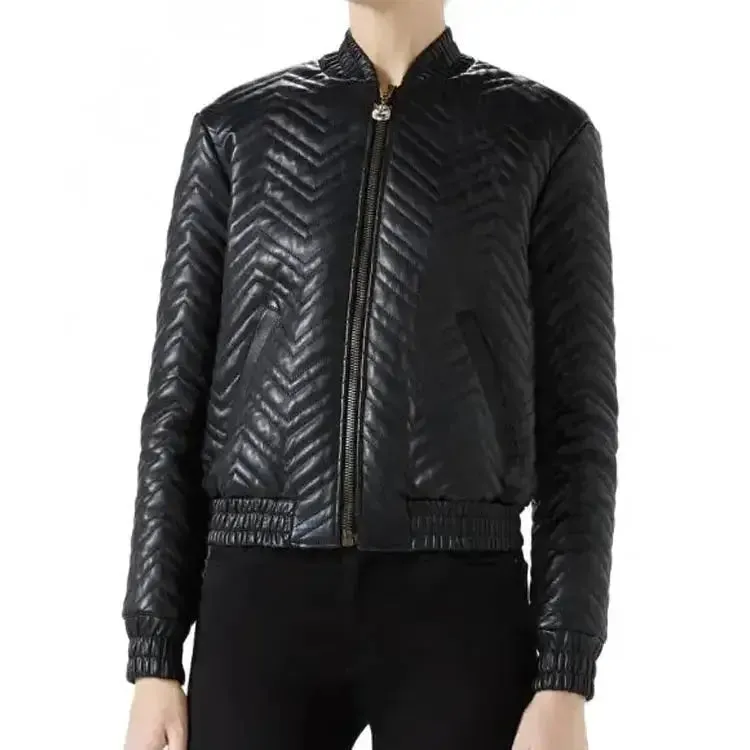 Women's Classic and Stylish Quilted Leather Bomber Jacket