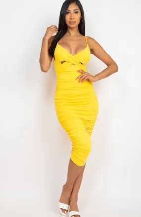 Yellow Ruched Midi Dress