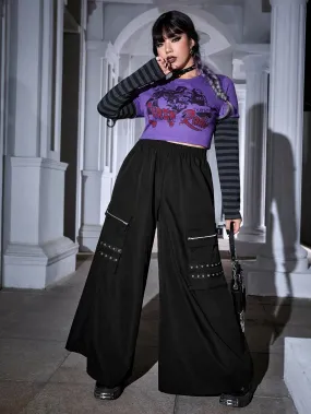 Zipper Detail Flap Pocket Side Wide Leg Pants